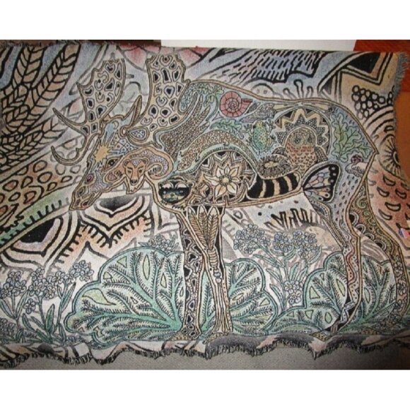 New Moose Bull Northwest Woven Cotton Afghan Throw Blanket Gift Native American - Picture 2 of 4